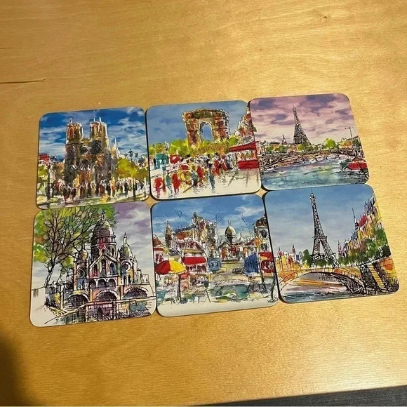 Paris France Scenic Scenes Coasters Illustrated Colorful Eiffel Tower Set Of 6 - Picture 1 of 7
